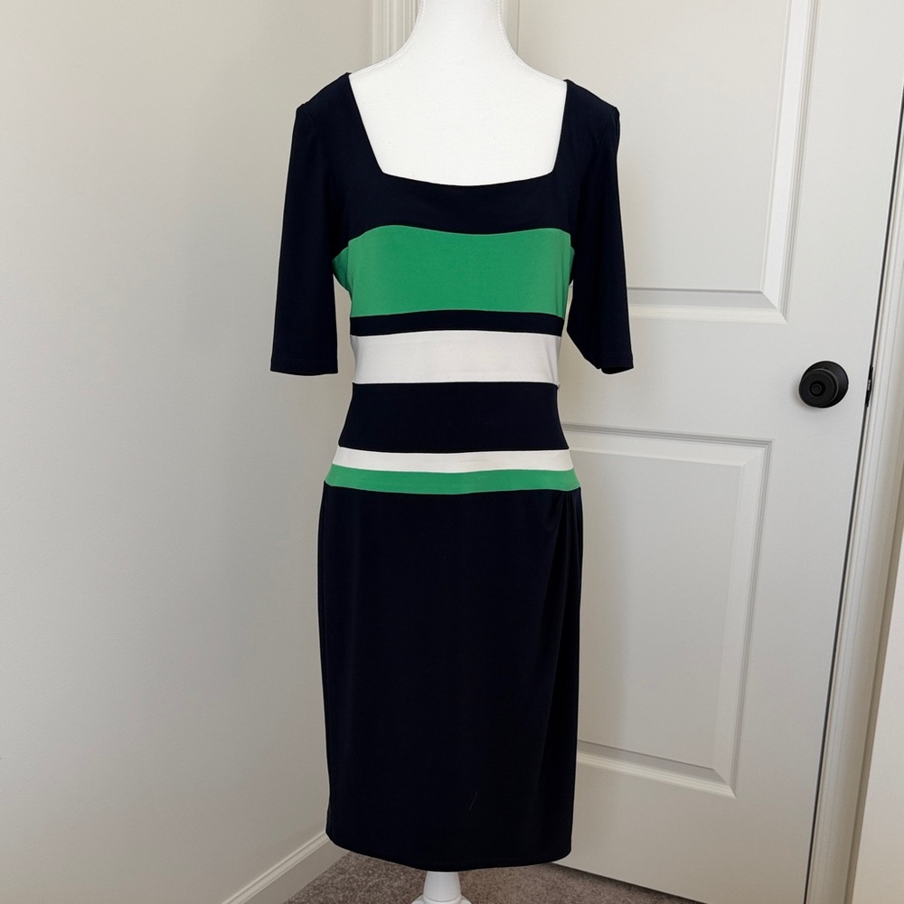 Lauren Ralph Lauren Navy Midi Dress with Green and White Stripes